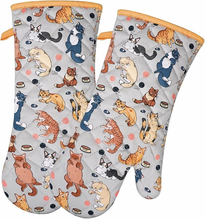 Oven Mitts Cotton Fashion Cute Cat Design 1pair Heat Resistant Oven Gloves Safe Cooking Baking Grilling Barbecue Machine Washable Pot Holders (Cat)