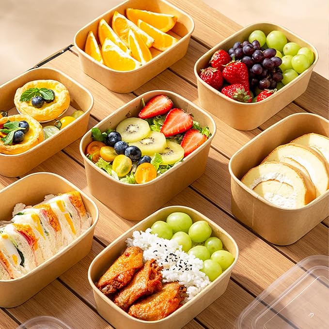 DI QIU REN 50-Pack 29oz Disposable Kraft Paper Bowls【with Lids and Forks】, Meal Prep Containers Disposable Large Paper Bowls Leakproof Take Out To Go Food Containers, Microwave Safe for Hot/Cold Food