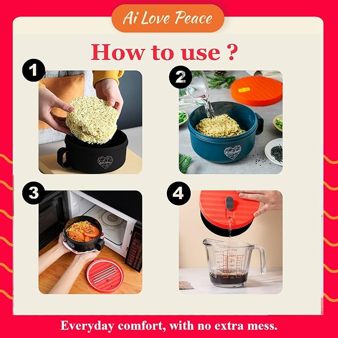 AI LOVE PEACE Ramen Bowl, 40 oz Microwaveable Noodle Cooker for Ramen, Pho, Soup, and Pasta, Dishwasher Safe and Portable, Ideal for Home, Office, Dorm, or Gift (Red)