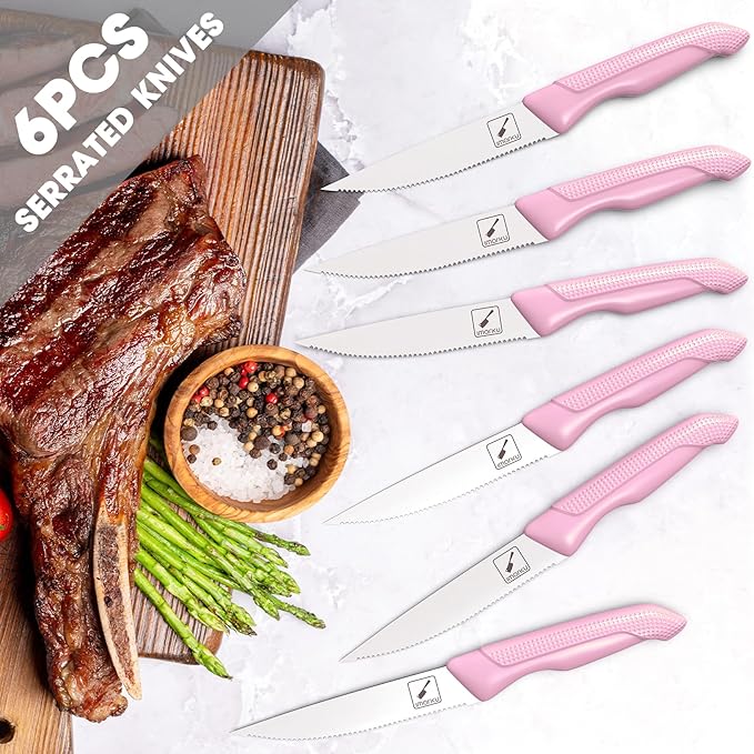 imarku Knife Set with Block, Sharp Knife Set with Built-in Sharpener, Japanese Stainless Steel Kitchen Knife Set with Non-Slip Ergonomic Handle, Dishwasher Safe, Best Holiday Gifts, 14 PCS, Pink