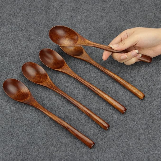 AOOSY Spoons, Wooden Spoons for Eating, 6 Pieces Japanese Natural Plant Ellipse Wooden Ladle Spoon Set for Cooking Mixing Stirring Honey Tea Soda Dessert Coconut Bowl Nonstick Pots Kitchen