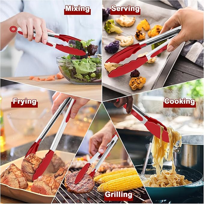TeamFar Kitchen Tongs, 9" and 12" Stainless Steel Cooking Tongs with Silicone Tips for Cooking Grilling Serving & BBQ, Heat Resistant Silicone Tongs, Locking Design & Dishwasher Safe, Set of 2 & Red