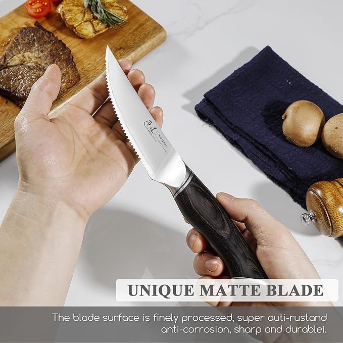 SHANGDAO Steak Knives Set of 6, Kitchen Steak Knife 4.5 Inch, 10Cr15CoMoV Core Steel High Carbon Stainless Steel Steak Knives, Serrated Steak Knife with Pakkawood Handle, Gift Box