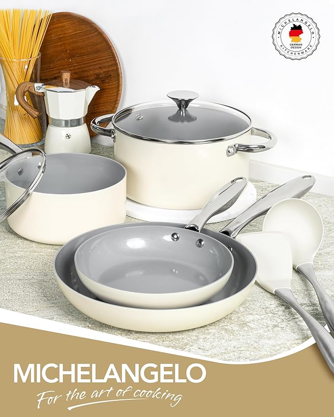 MICHELANGELO Ceramic Pots and Pans Set Non Stick - 8 Pcs Ceramic Cookware Set Non Toxic, Healthy Cooking Set with Ergonomic Handle, Oven Safe & Compatible with All Stovetops - Cream