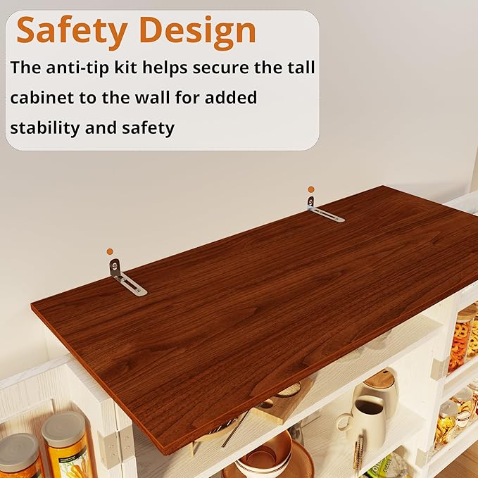 IRONCK Farmhouse Kitchen Pantry Cabinet, 72" Height Tall Freestanding Cupboard with Sliding Storage Rack and 6 Hanging Shelves for Kitchen, Dining Room, White