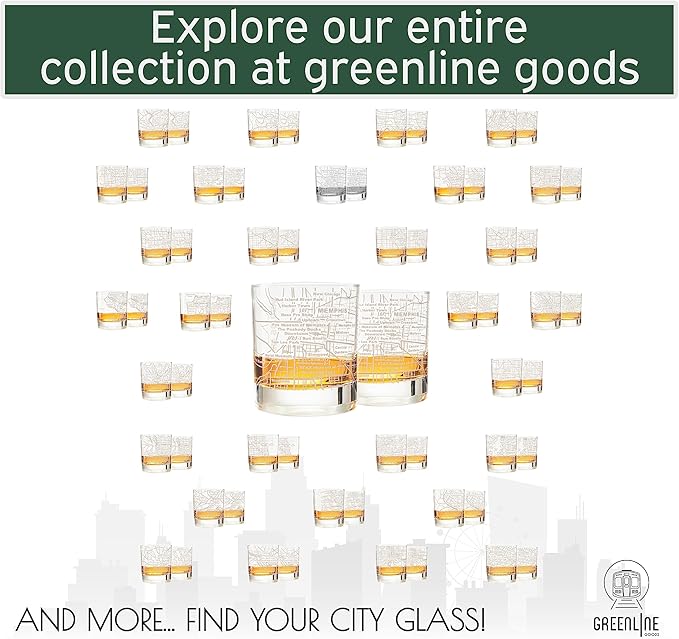 Greenline Goods Whiskey Glasses - 10 Oz Tumbler Set for Memphis lovers, Etched with Memphis City Map Old Fashioned Rocks Glass - Set of 2
