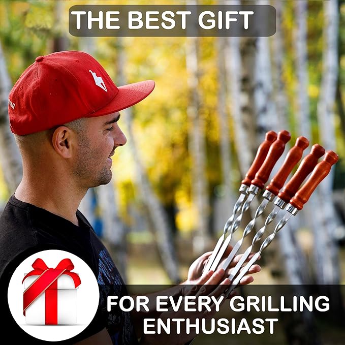 Premium BBQ Skewers with Wooden Handles 25" Shish Kabob Skewers Stainless Steel Long & Reusable Kabob Sticks Barbecue Skewers for Grilling Set of 6 Piece (6, 25 Inches)