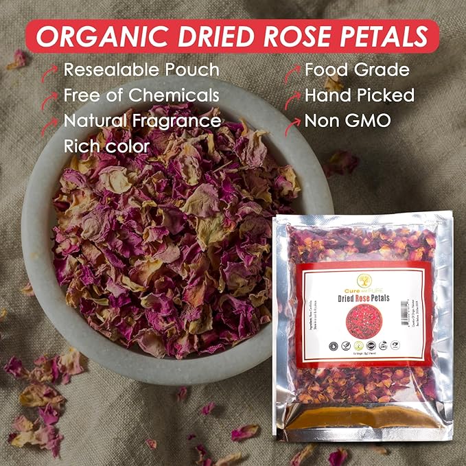 Cure Wid Pure Certified Organic Dried Rose Petals 1oz Food-Grade Edible Rose Petals for Tea,Cocktails,Baking,Skincare & DIY - Sun-Dried,Non-GMO,Gluten & Chemical-Free Edible Flowers in Resealable Bag