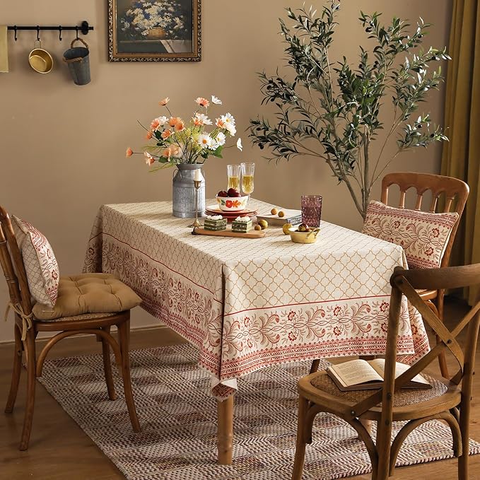 ISAENNE Designer Linen Floral Long Rectangular Tablecloth,Pale Yellow Farmhouse Indoor Table Cloth,Durable Decor Tablecloths for Dining Kitchen Thanksgiving Christmas,63"*94"-Chamonix A