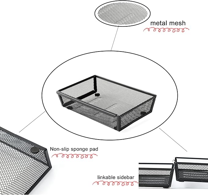 ihomecooker Mesh Tray Silverware Drawer Organizer, Utensil Cutlery Tray Office Supplies with Interlocking Arm Drawer Dividers Organizer for Flatware, Knives,Home,Office, School,Bedroom 9X6"Black
