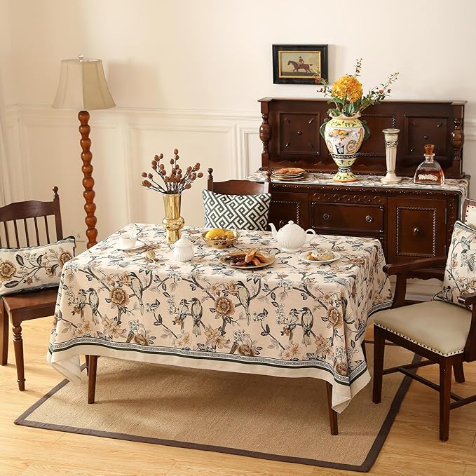 ISAENNE Designer Vintage Linen Square Table Cloth,Floral and Bird Pattern Elegant Tablecloths,Fall Wrinkle Resistant Home Decor Tablecloth for Dining Kitchen Party Christmas,67"*67"-Murad A