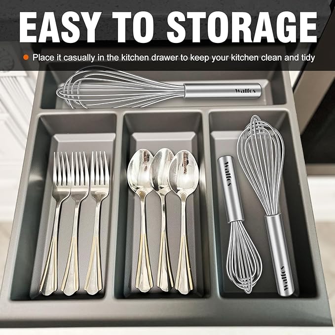 Walfos Whisk,304 Stainless Steel whisk,No-Rust 7+9+11inch Whisks for cooking Nice for Blending,Whisking,Beating.Heat resistant 600°F Dishwasher Safe. Heavy duty kitchen whisk.17.7+22.8+27.9cm -SILVER