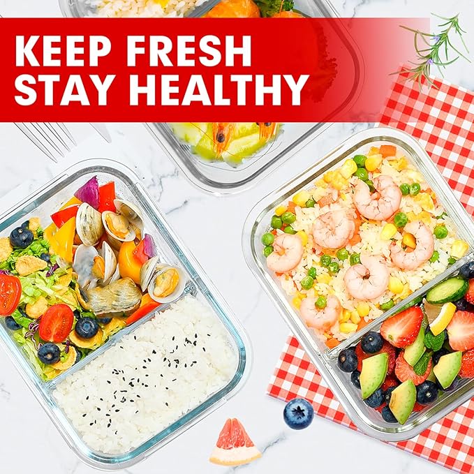 VERONES 5 Pack Glass Meal Prep Containers 2 Compartment Set, 36OZ Airtight Glass Lunch Containers, Glass Food Storage Containers with Lids, for Microwave, Oven, Freezer & Dishwasher Friendly,Red