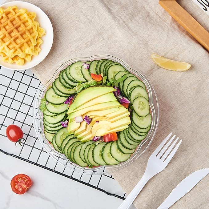 [32 oz. 50 Sets Clear Plastic Salad Bowls with Airtight Lids Disposable To Go Mixing Containers Serving for Fruit, Quinoa, Lunch and Meal Prep