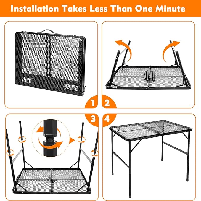 3 ft Folding Table with Adjustable Height (16.5" & 26"), Black Metal Mesh Table with Carry Handle, Portable for Camping, Tailgating, BBQ, Picnic & Indoor, Fits 3–6 People, 7.5 lb, Supports 66 lb
