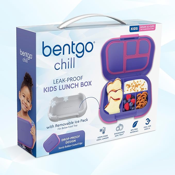 Bentgo Chill Kids Leak-Proof Lunch Box - 4-Compartment Bento Box with Built-In Ice Pack, 3.3 Cup Capacity, PFAS & BPA-Free, Microwave & Dishwasher Safe, Ideal Size for Ages 3 to 7 (Electric Violet)