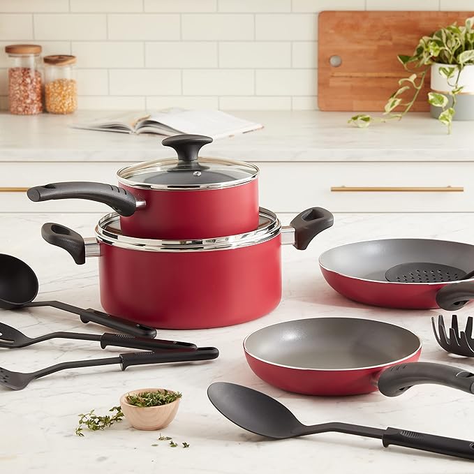 BELLA Cookware Set, 12 Piece Pots and Pans with Utensils, Nonstick PFOA Free Scratch Resistant Cooking Surface Compatible with All Stoves, Nylon and Aluminum, Red