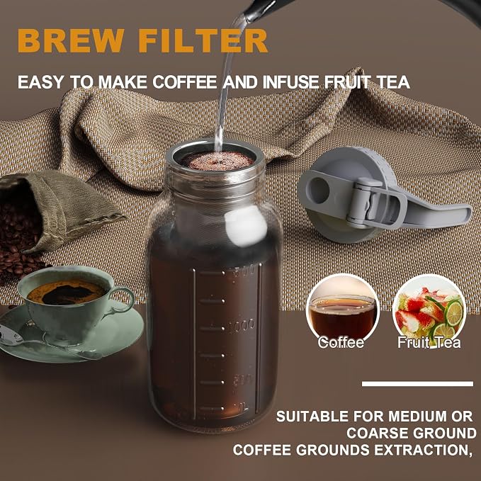 Cold Brew Coffee Maker Pitcher, 32 oz Thick Glass Mason Jar Spout Lid - Image 6