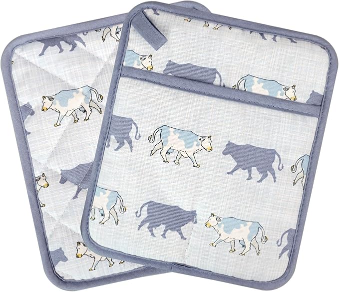 Pot Holders Set of 2 Heat Resistant 480℉ Kitchen 100% Cotton Comfortable Lining Printing Fox Flower Women Men Home Cooking Baking Microwave BBQ Gift (Cow potholder)