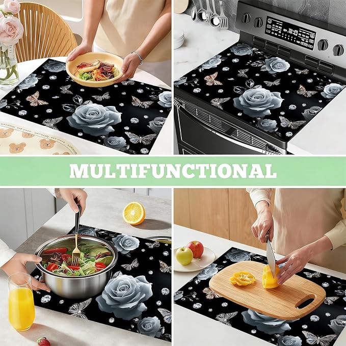 Black Rose Butterfly Stove Top Cover 28.3 x 20.5 Inches, Heat Resistant Glass - Image 7