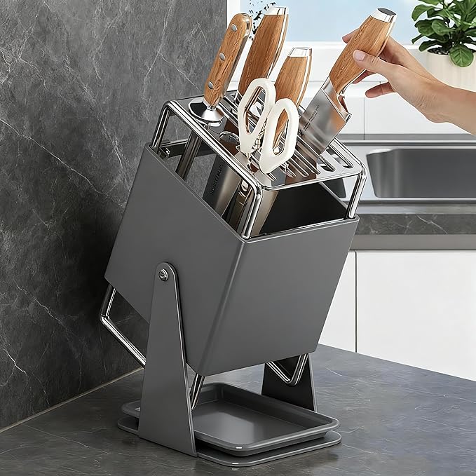 Knife Block Stainless Steel, 30° Rotatable Knife Block 9-Slot Universal Knife Holder,Knives Holder for Kitchen Knives Countertop Storage (Gun Grey)