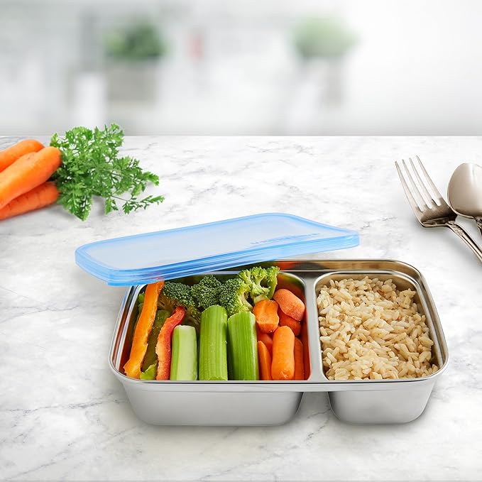U Konserve Stainless Steel Rectangle Divided Food Storage Bento Box Container, Leak Proof Silicone Lid Dishwasher Safe - Plastic Free, (28oz Island Teal)