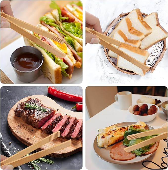 4 Pieces Natural Bamboo Toaster Tongs,Two Bamboo Toast Tongs of different lengths(9.8-Inch & 7.8-Inch),Long Tongs with Anti-slip Design,Heat-Resistant for Cooking and Serving