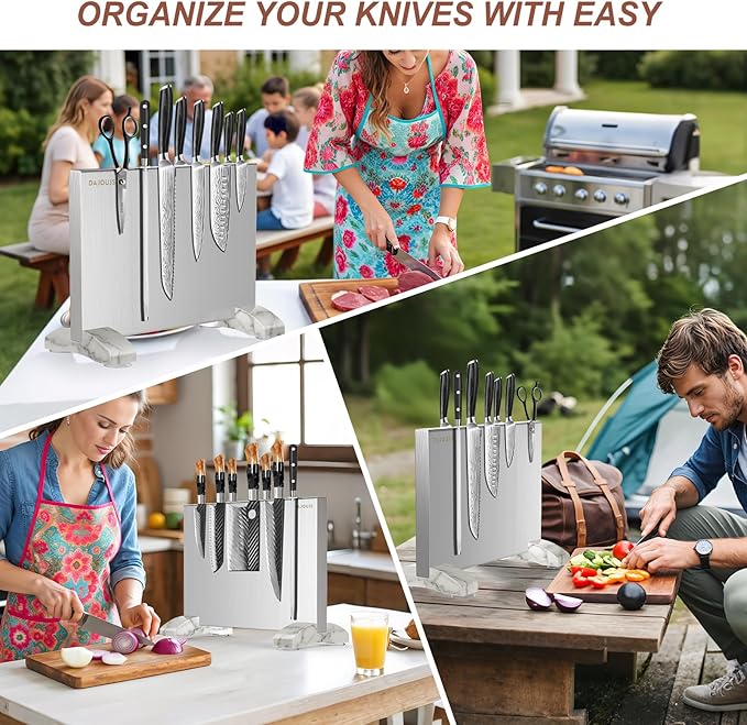 Magnetic Knife Block, Magnetic Kitchen Knife Holder Stand with Strong Magnet Strip for Kitchen Counter, Stainless Steel Double-Sided Universal Knife Storage Rack Organizer Without Knives