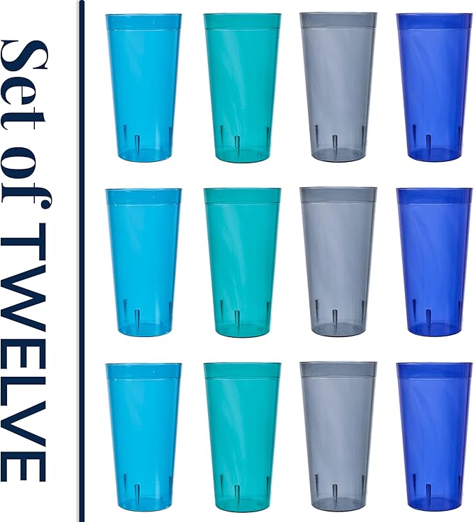 US Acrylic Café Plastic Reusable Tumblers (Set of 12) 32-ounce Iced-Tea Cups, Coastal | Value Set of Restaurant Style Drinking Glasses, Stackable, BPA-free, Made in the USA | Top-rack Dishwasher Safe