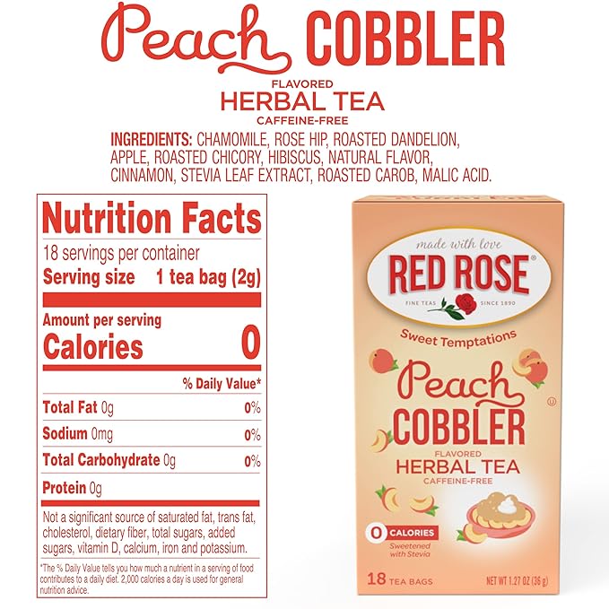 Red Rose Sweet Temptations Dessert Tea Peach Cobbler, Zero Carbs, Zero Sugar Bursting with Flavor Caffeine-Free Delicious Beverage Herbal Tea, 18 Count Pack of 6 Fruit Naturally Flavored Herbal Tea