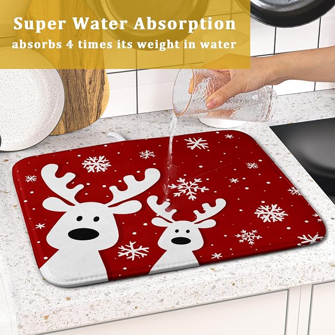 Christmas Reindeer Dish Drying Mats 16x18 Inch, Xmas Funny Deer Red Absorbent - Image 7