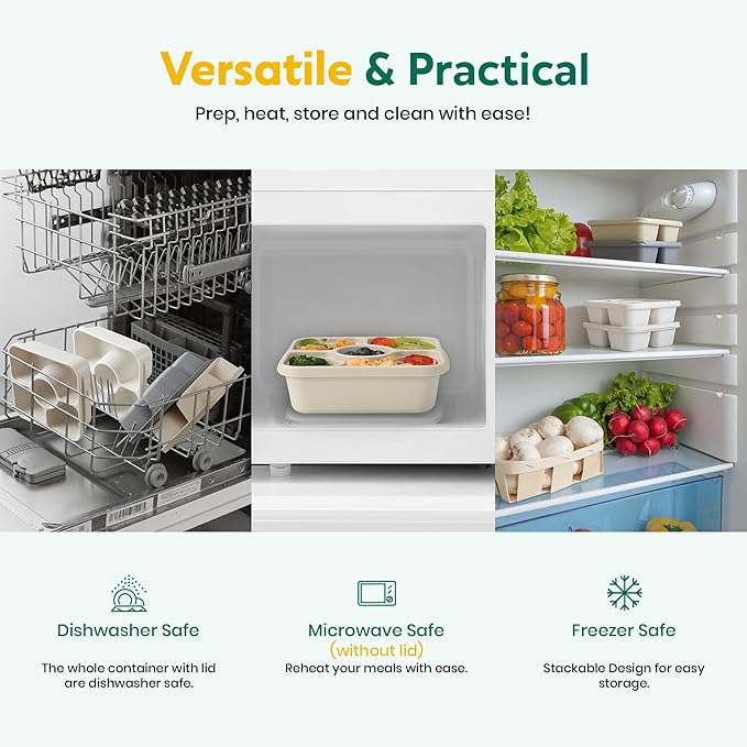 QQKO Bento Snack Box Containers for Adults Kids, Meal Prep Containers Reusuable Bento Lunch Box, Lunchable Food Storage Containers with Lids and Sauce Cups, White Brown