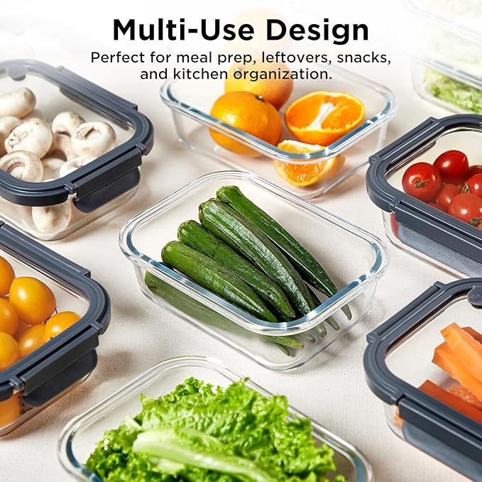 Glass Food Storage Containers with Lids, 5 Pack of 36oz, Glass Meal Prep Container with Airtight Lids, Microwave Safe Food Container Set, BPA Free, LeakProof, Ideal for Lunch