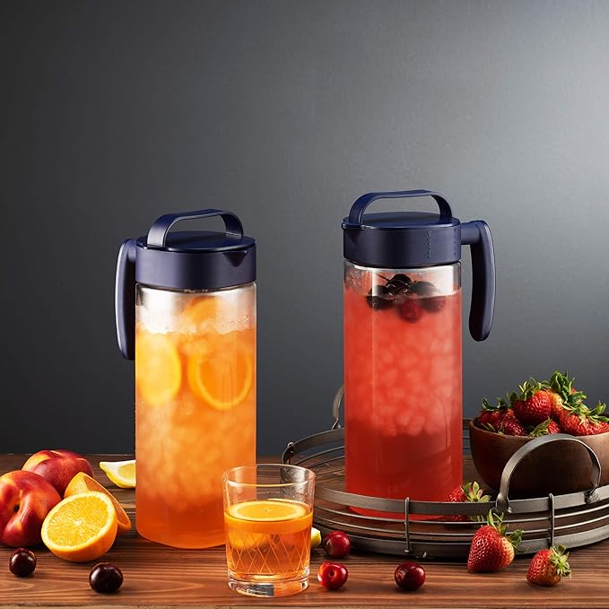 Komax Set of 2 Plastic Water Pitcher with Lid – BPA-Free & Iced Tea Microwave Dishwasher Safe Tea, Sangria, or Juice Containers Lids for Fridge (2.1 Qt), Clear & Blue