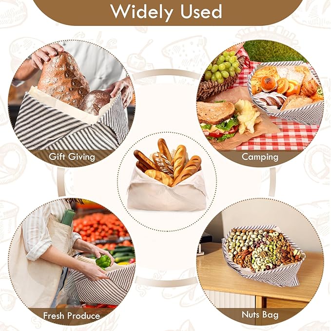 yeload 2 Pack Beeswax Bread Bags, Striped Linen Bento Bags, 14" Cotton Loaf Bag, Reusable Organic Food Storage, Sourdough Bag, Rustic Farmhouse Azuma Bukuro Origami Wrap for Baked Gifts (Caffe, 2)