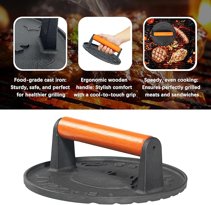vivicreate 7 inch Burger Smasher,Patty Smasher,Hamburger Smasher Press,Griddle Press, Bacon Press, Grill Press, Burger Press,Meat Press, cast Iron Grill Press, Barbecue Press, with Wooden Handle