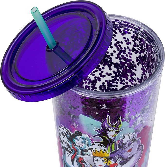 Silver Buffalo Disney Villains Confetti Cold Cup Featuring Cruella de Vil, Ursula, Evil Queen, and Maleficent, 32 Ounces
