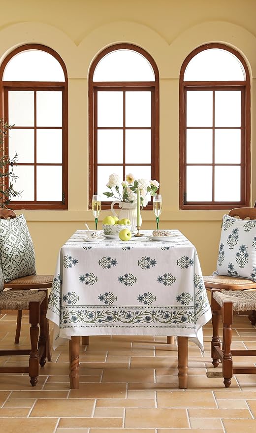 ISAENNE Designer White Linen Small Tablecloth Rectangular,Chinoiserie Floral Elegant Indoor Table Cloth,Fall Stain Proof Decor Tablecloths for Dining Thanksgiving Kitchen,55"*87"-Mosella F