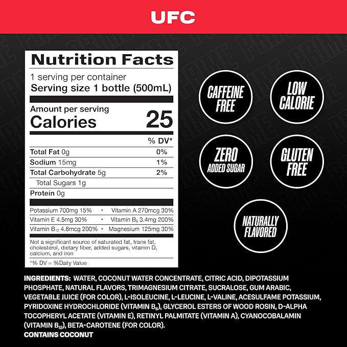 PRIME Hydration UFC, Sports Drinks, Electrolyte Enhanced for Ultimate Hydration, 250mg BCAAs, B Vitamins, Antioxidants, Low Sugar, 16.9 Fl Oz, 12 Pack