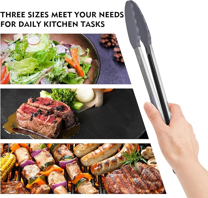 HOTEC Premium Stainless Steel Locking Kitchen Tongs with Silicon Tips, Set of 3-7", 9" and 12" (Grey)