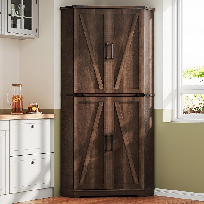 Dripex 71" Corner Cabinet Brown, Farmhouse Kitchen Pantry Cabinet - Image 8