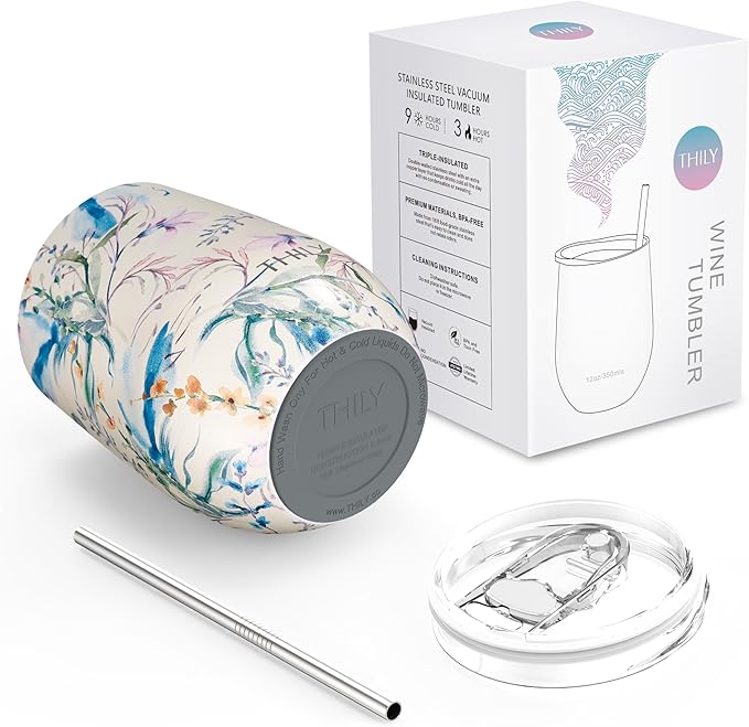 THILY Stainless Steel Insulated Wine Tumbler Stemless Wine Glass with Lid and Straw, Splash-proof, Reusable, Cute Travel Cup for Coffee, Cocktails, Keep Drinks Cold, Gifts for Women, Girls, Orchid