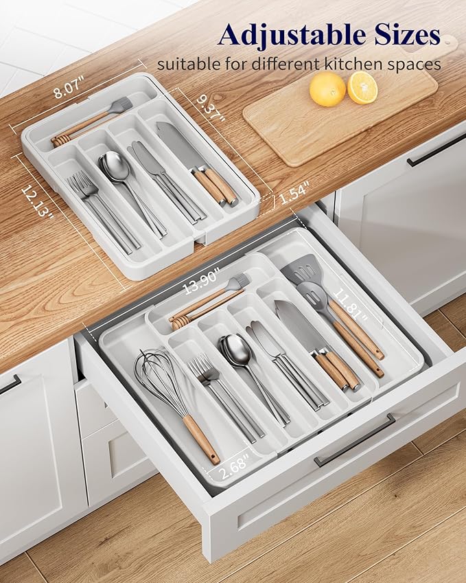Kitsure Cutlery Drawer Organiser for Kitchen - Adjustable Cutlery Tray for Effortless Utensil Sorting, Versatile Kitchen Storage & Organisation Solution, 12.13" x 1.54" x 8.07"~13.90", White