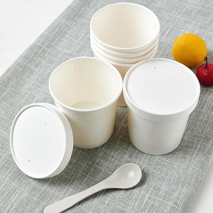JOLLY PARTY 50pack 16oz Paper Soup Containers with Lids, Disposable Paper Food Cups, Ice Cream Cups, Food Storage with Lids, Microwavable and Freezer Safe, Suitable for Christmas Thanksgiving (White)