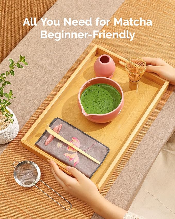 Maestri House Matcha Whisk Set, 7 Pcs Complete Matcha Kit with Spouted Ceramic Bowl, Bamboo Whisk & Holder, Scoop & Sifter, Tea Cloth – Ideal Gift for Matcha Lovers(Pink)