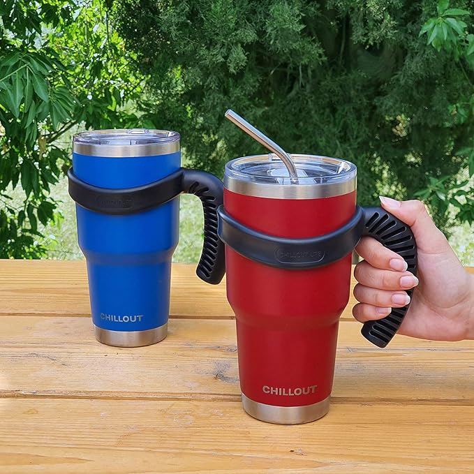 Stainless Steel Travel Mug with Handle 30 oz - 6 Piece Set. Tumbler with Handle, Straw, Cleaning Brush & 2 Lids. Double Wall Insulated Large Coffee Mug Bundle - Cherry Red Powder Coat Tumbler