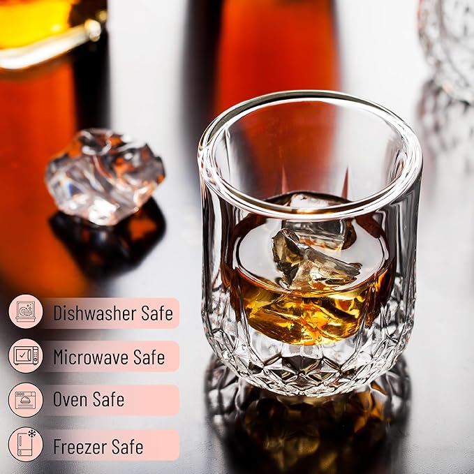 BTaT- Double Wall Whiskey Glasses, Set of 4, Bourbon, Cocktail, Scotch, Old Fashioned, Rocks, Crystal, Vodka, Drinking
