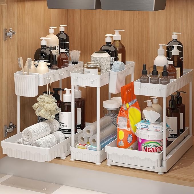 3 Pack Multi-Purpose Under Sink Organizers and Storage (White, 14.85 inches)