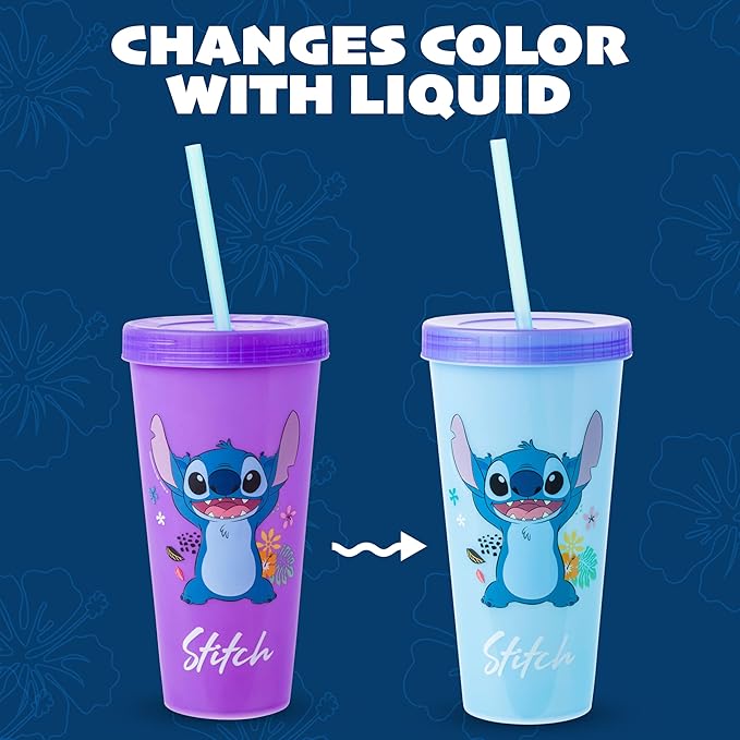 Silver Buffalo Disney Lilo and Stitch Tropical Poses 4 Pack Color Change Plastic Tumbler, 24 Ounces