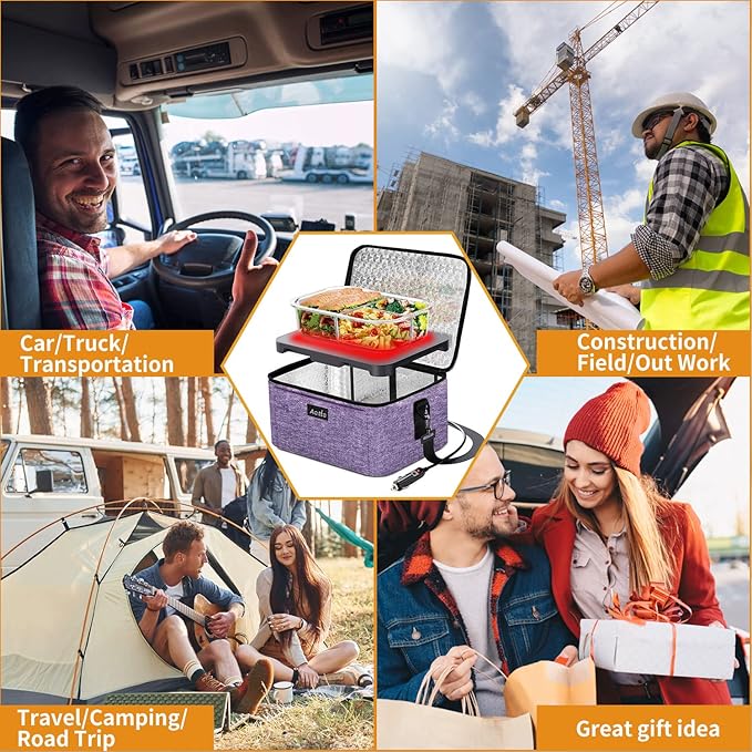 Aotto Portable Oven Electric Lunch Box Food Heater - 12V/24V 2-in-1 Car Food Warmer, Heated Lunch Box for Adults, Cook, Reheat, and Keep Meals Warm for Car, Truck, Travel - Purple